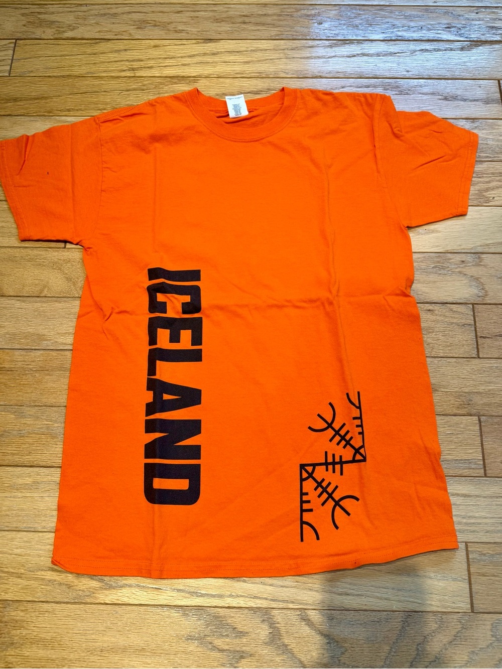 Gildan Orange Short-Sleeve Tee with Black Iceland Vertical Print